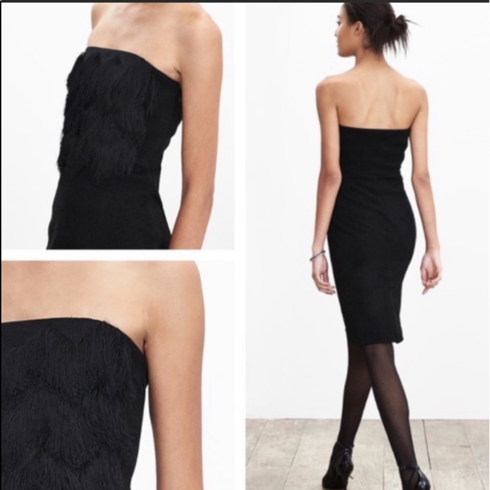 Banana Republic LBD Dress black knit strapless fringe bodice column sheath 6